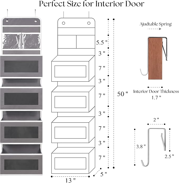 Giraffe Creation Gray Over Door Organizer with 4 Large Clear Pockets, Neutral Hanging Door Storage for Closet, Bathroom, Bedroom, Dorm, Nursery, Toys, Toiletries