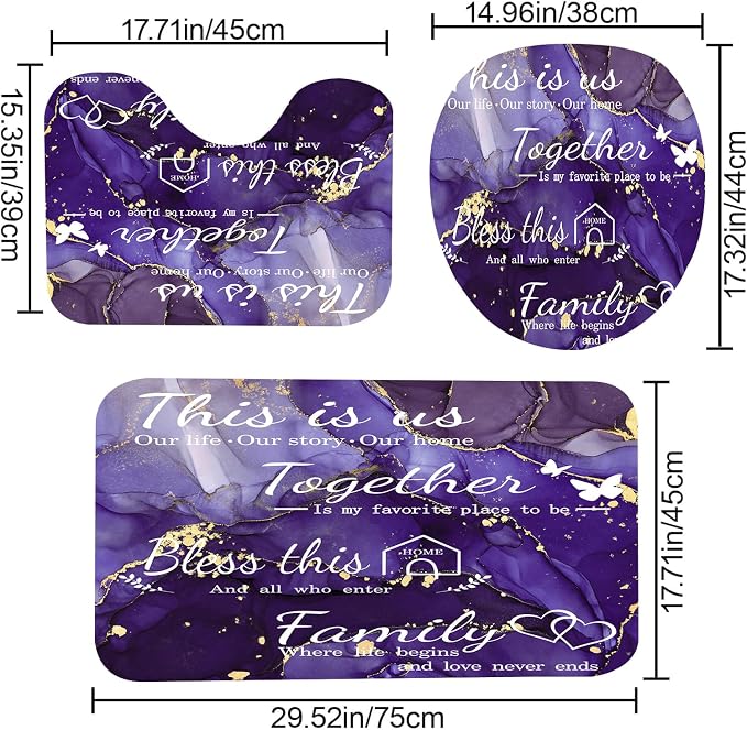 4Pcs Family Marble Shower Curtain Set,Purple Home Inspirational Bathroom Sets with Shower Curtain and Rugs, Bathroom Decor Set,Waterproof Bathroom Curtains Shower Set,with 12 Pcs Hooks