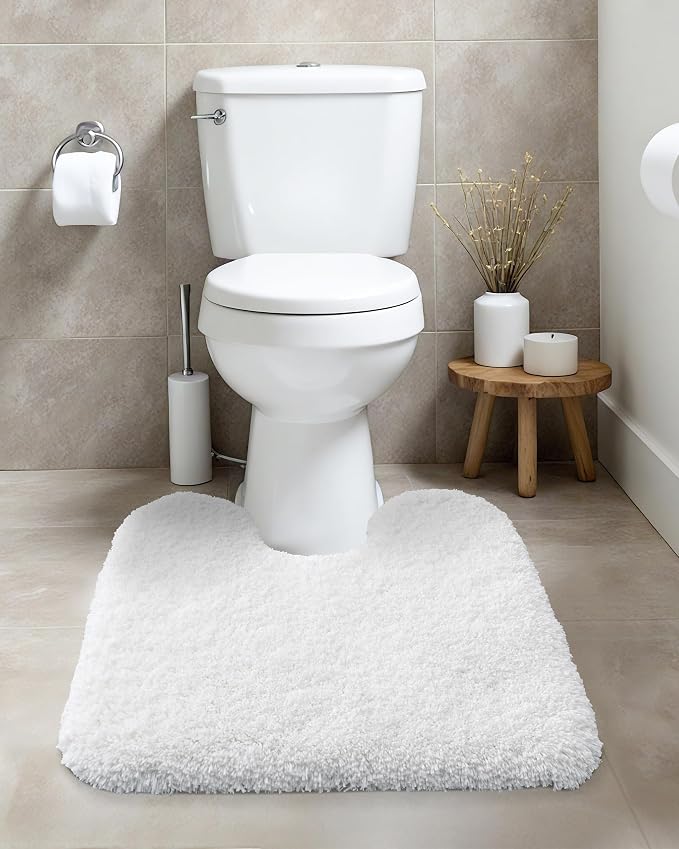 ILANGO White Toilet Rugs U Shaped 22" × 24" Non Slip & Super Absorbent Extra Thick Soft, Washable Bath Mats for Bathroom Floor, Microfiber Plush Shaggy Contour Bath Rugs for Toilet,Dry Quick