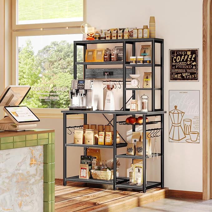 SUPERJARE Large Bakers Rack with Power Outlets, 6-Tier Microwave Stand, Coffee Bar with 12 S-Shaped Hooks, Kitchen Shelf with Wire Basket, 39.4 x 14.6 x 66.9 Inches, Charcoal Gray