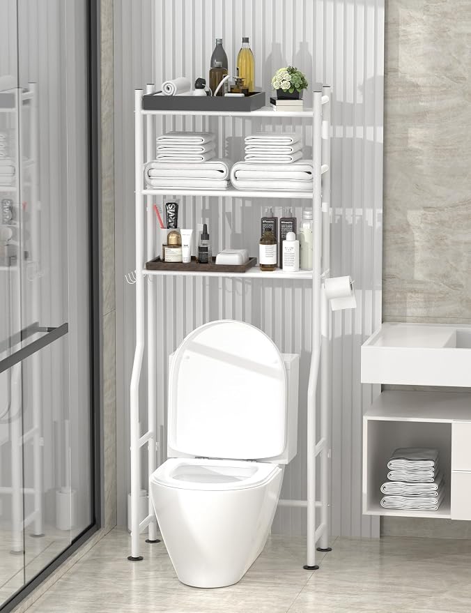 Livilord 3-Tier Over The Toilet Storage, Freestanding Metal Bathroom Shelves with 4 Hooks, Over Toilet Storage Shelf with Paper Holder, Above The Toilet Shelf for Bathroom Storage, White