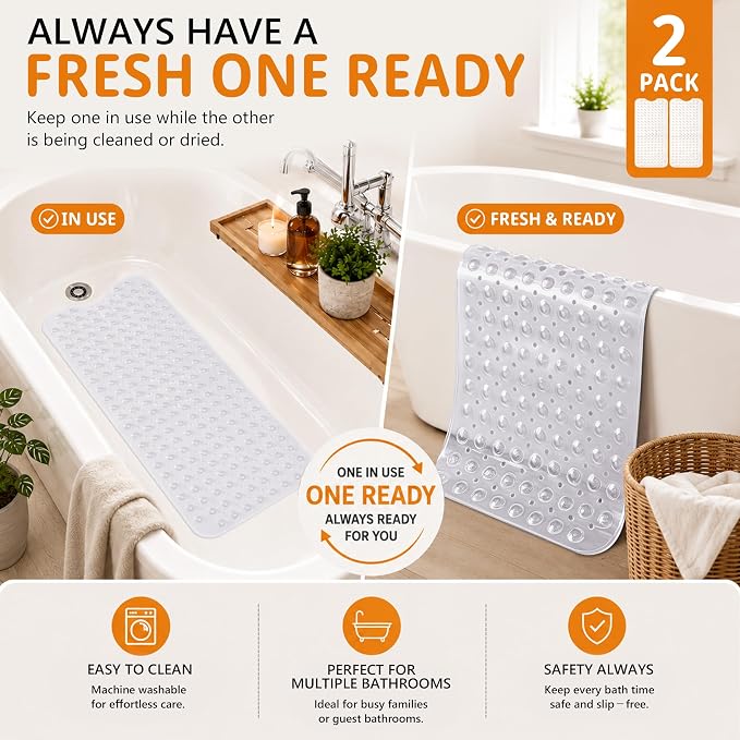 Yimobra 2-Pack Non Slip Bathtub Mat 40 x 16 Inch, Extra Long Shower Mat with Drain Holes, Machine Washable Baby Bath Mats, Strong Suction Cups for Bathroom Floor, Clear