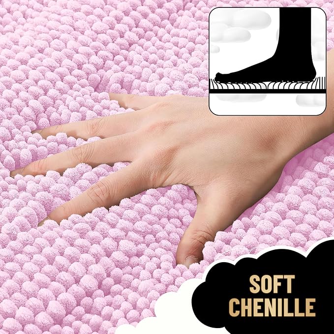 OLANLY Thick Bathroom Runner Rugs 44x24, Extra Absorbent Chenille Striped Bath Rugs, Rubber Backing, Machine Wash Dry, Long Bath Mats for Bathroom Floor, Tub and Shower, Home Decor Accessories, Pink