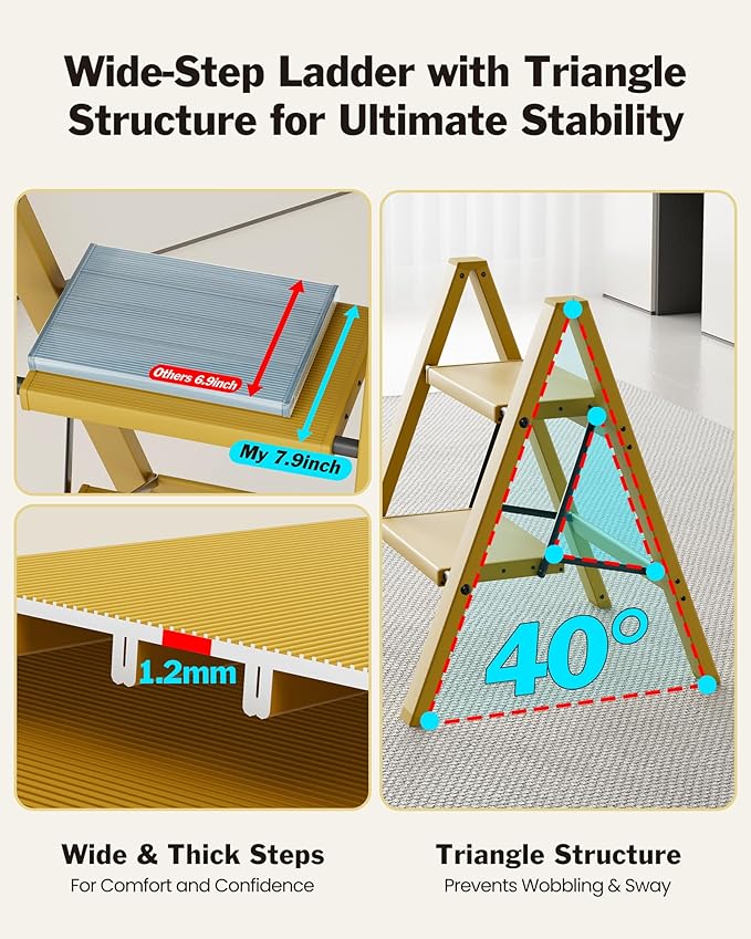2 Step Ladder, Aluminum Lightweight Folding 2 Step Stool with Anti-Slip Wide Pedal,330lbs Capacity Steel Ladder for Household and Office(Soft Dusk Yellow)