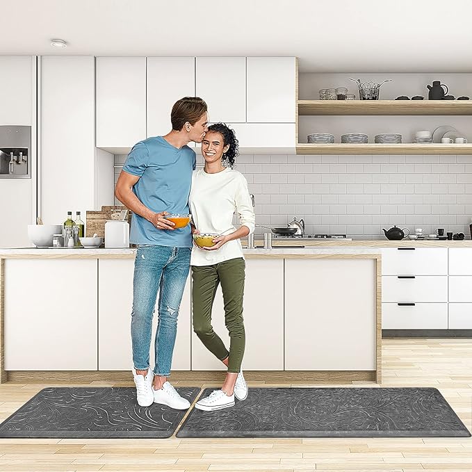 KMAT 2PCS Kitchen Mat Cushioned Anti-Fatigue Floor Mat,Waterproof Non-Slip Standing Mat,Ergonomic Comfort Floor Mat Rug for Home,Office,Sink,Laundry,Desk(17.3"x28"+17.3"x60",Grey)