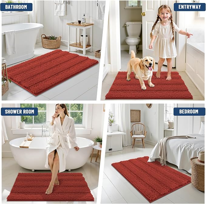 Grandaily Chenille Striped Bathroom Rugs 36x24, Extra Thick and Soft Absorbent Bath Mats, Rubber Backing, Plush Shaggy Shower Carpet, Machine Wash Dry, Bath Rug for Bathroom, Rustic Terracotta