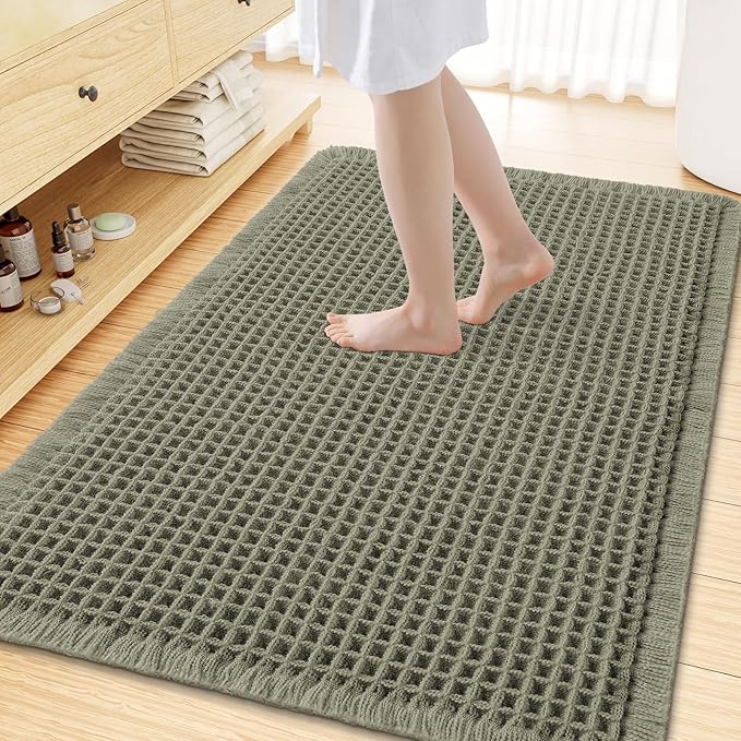 Smiry Waffle Bath Mat 59x35, Extra Soft Absorbent Bathroom Rugs, Non Slip Machine Washable Quick Dry Bath Rugs for Bathroom Floor, Tub, Shower, Home Decor Accessories, Green