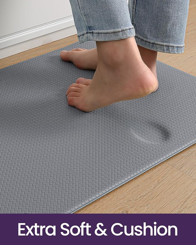 DEXI Kitchen Floor Mats Cushioned Anti Fatigue,17x29+17x59, Standing Runner Rug Waterproof, Comfort Memory Foam Padded for Front Sink Laundry Set of 2, Grey
