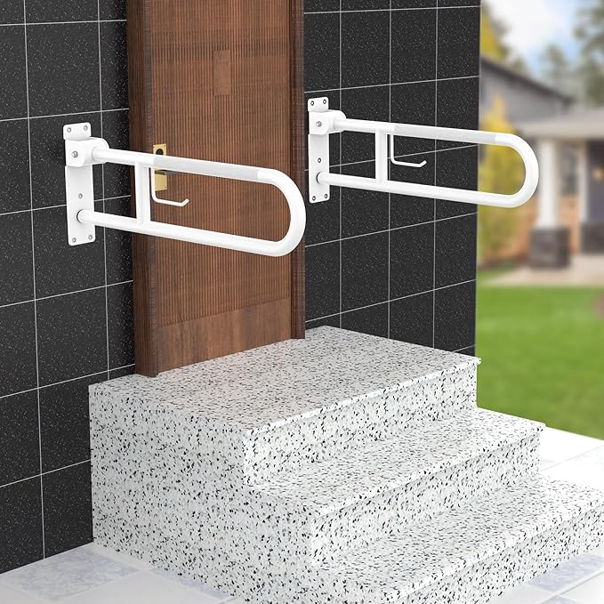U Shaped Toilet Grab Bar 32 Inch, Munzong White Anti-Slip Support Rail, Flip-Up Bathroom Grab Bar with Paper Holder, Stainless Steel Knurled Handicap Safety handrails for Elderly Disabled Pregnant