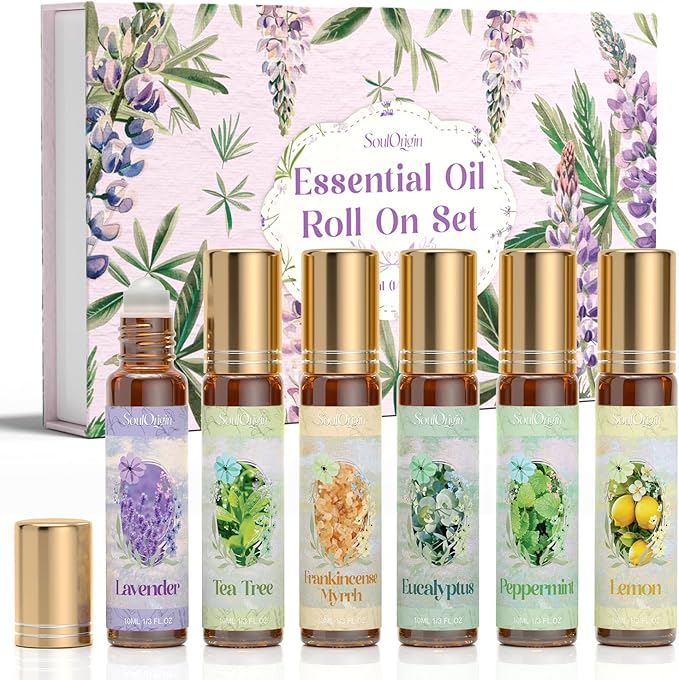 SoulOrigin Essential Oil Roll On Set, Natural Aromatherapy Oils with Portable Roller Ball for Skin Care- Tea Tree, Frankincense & Myrrh, Lavender, Peppermint, Eucalyptus, Lemon - Gifts for Women & Men