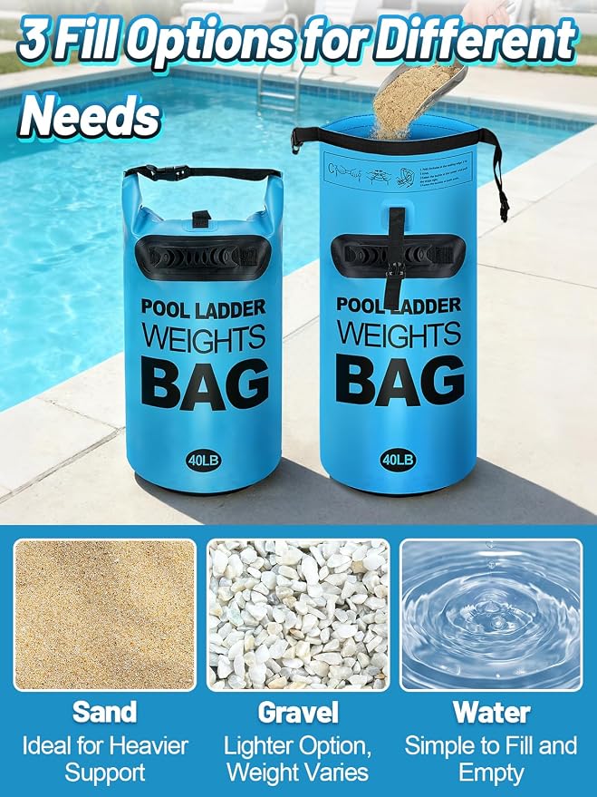 Heavy Duty Pool Ladder Weights - 40lbs Fillable Universal Sand Bags Step Anchors, 500D PVC Waterproof Tear-Resistance Foldable Sandbags for Above Ground Swimming Pools Stair Entry Systems, 2 Pack