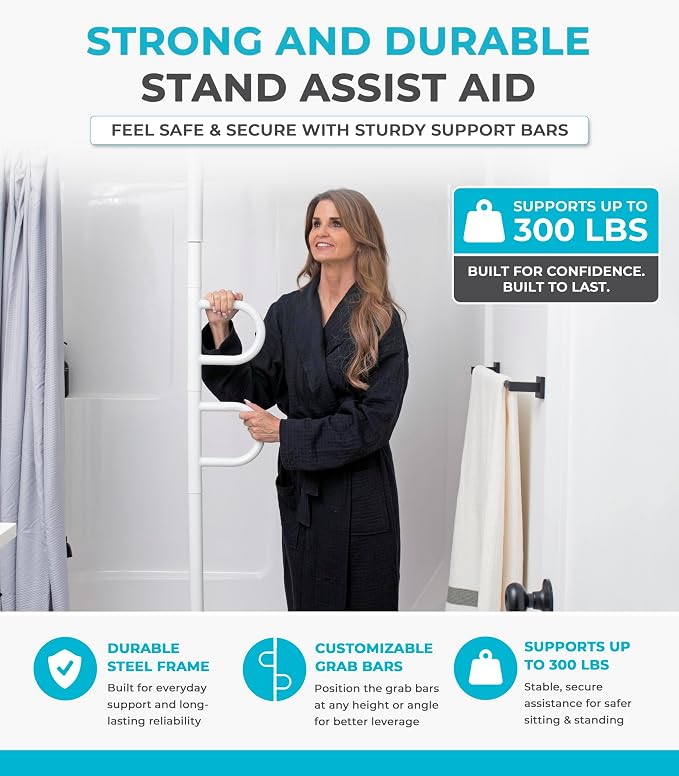 Stander Double Handle Non-Rotating Floor to Ceiling Grab Bar, No-Drill Tension Mounted Transfer Pole for Seniors, Bath Safety & Bedside Assist Rail for Home Standing Support & Fall Prevention, White