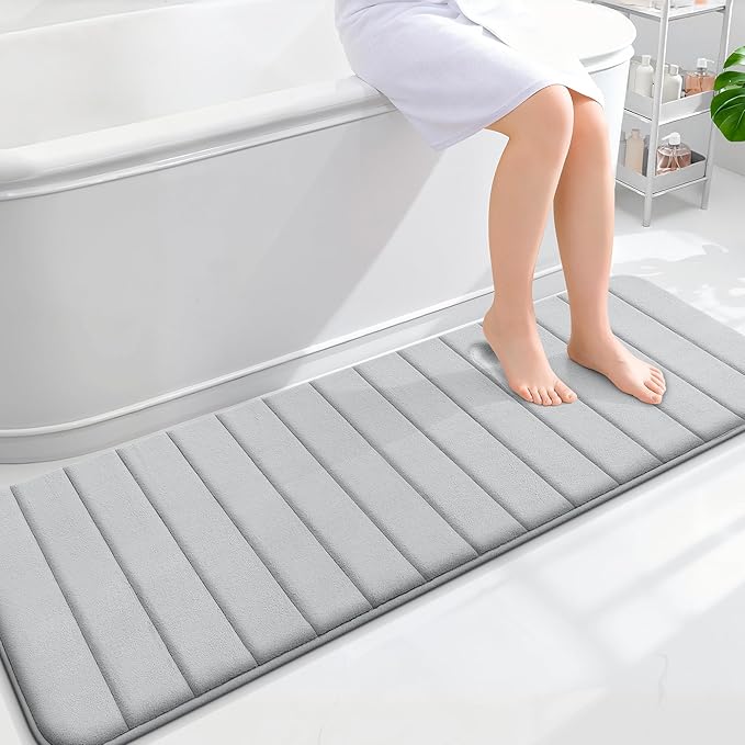 OLANLY Memory Foam Long Bathroom Rugs Runner 59x20, Super Soft Absorbent Bath Mat, Quick Dry, Machine Washable Shower Floor Rugs, Bathmat Carpet, Bathroom Home Decor Accessories, Light Gray