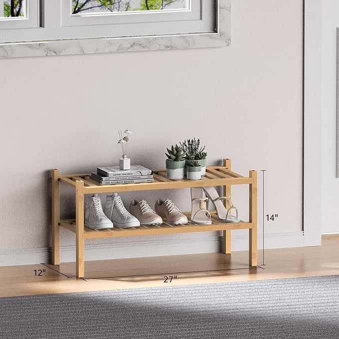 ROMGUAR CRAFT (Thick Bamboo Shoe Rack for Entryway, 2-Tier Free Standing Shoe Racks Stackable Shoe Rack Organizer for Hallway Closet Living Room 27 x12 x14 Inches