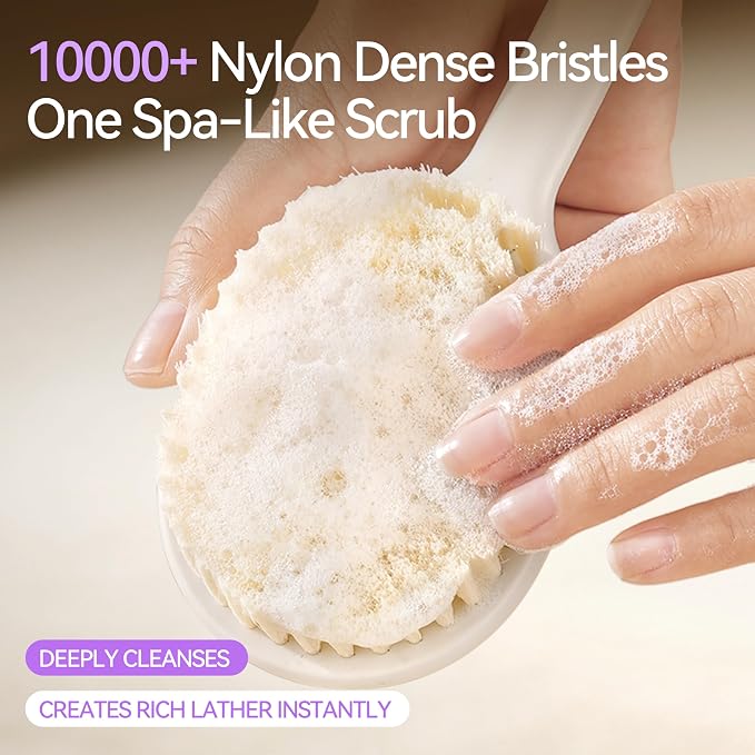 Back Scrubber for Shower for Women Men, Body Brush with Long Handle, Exfoliating Bath Washer with Soft Bristles, Body Exfoliator for Wet or Dry Brushing, Back Scrub Deep Cleaning, White