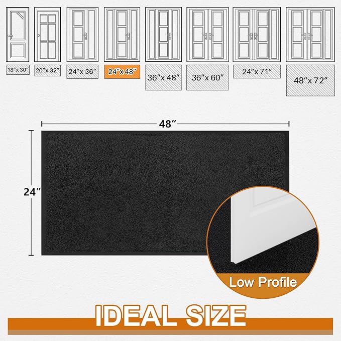 Mibao Dirt Trapper Door Mat for Indoor Outdoor, Waterproof All-Season, All-Weather Doormat, Heavy Duty Non-Slip Entrance Rug, Low Profile Absorbent Entrance Mat Carpet, 48" x 24", Black