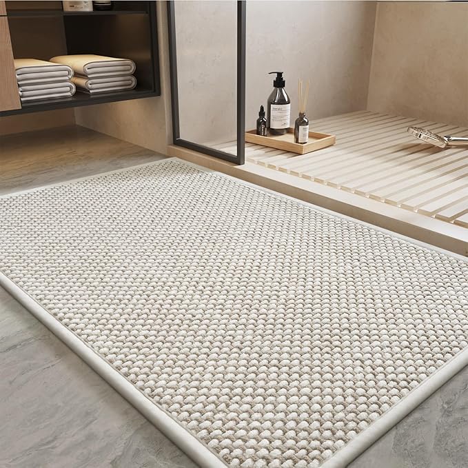 PADOOR-Bath Mat-Super Absorbent Chenille Bathroom Mats-Rubber Backed Bath Mats for Bathroom Non Slip, Easy Clean Bathroom Rugs Front of Bathtub,Shower Room,Sink-17×35, Beige&Cream