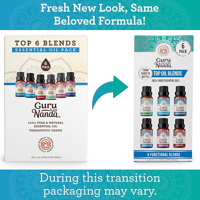 GuruNanda Essential Oil Blends – 6 Pack (10mL Each), Breathe Easy, Tranquility, Relaxation, Harmony, Calming Sleep & Thrive, Natural Aromatherapy Oils for Diffuser, Wellness & DIY