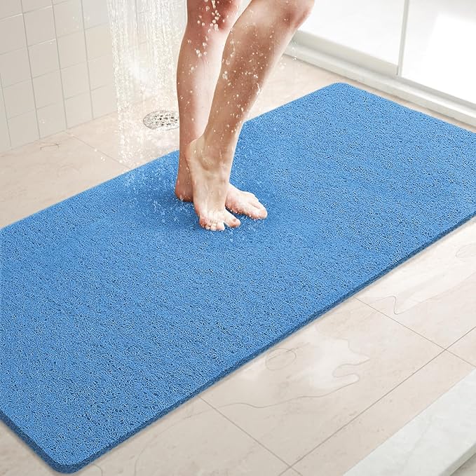 LuxStep Shower Mat Bathtub Mat,47x16 inch, Non-Slip Bath Mat with Drain, Quick Drying PVC Loofah Bathmat for Tub,Shower,Bathroom (Lake Blue)