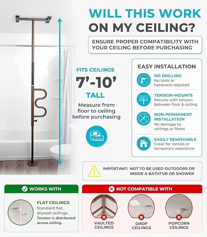 Stander Wonder Pole Plus with Rotating Double Grab Bar, Tension Mounted Security Pole for Seniors & Elderly Adults, No-Drill Floor to Ceiling Transfer Pole for Home & Bath Safety, Bronze