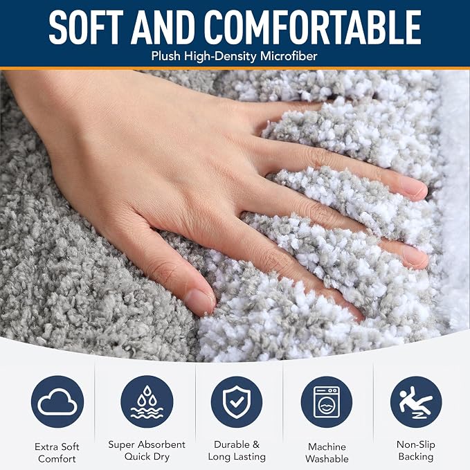XIYUNTE Thick Bathroom Rug Set of 2 Piece, 32"x20"+24"x16" Extra Soft Microfiber Gray and White Bath Rugs, Quick Dry Super Absorbent Rubber Backing Non Slip Washable Bath Mats for Floor Tub Shower