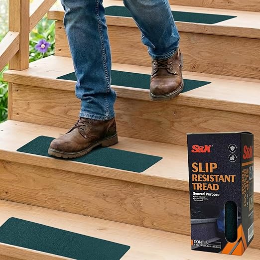 S&X Non Slip Stair Tread Tape, 5-Pack 6 x 24 Inch Pre-Cut Dark Green Grip Strips, Waterproof Abrasive Traction, Strong Adhesive PET Backing for Wood & Concrete Steps