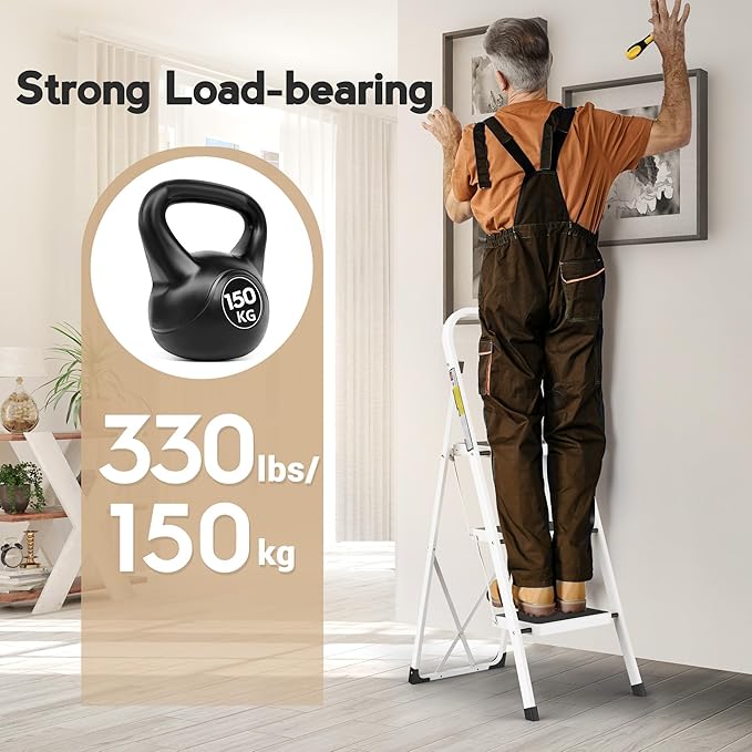 HBTower Step Ladder 3 Step Folding Ladder, Lightweight Portable Stepladder with Anti-Slip Pedal, Ladders with Convenient Handrails,330 lbs Capacity Step Stool for Kitchen, Home,White