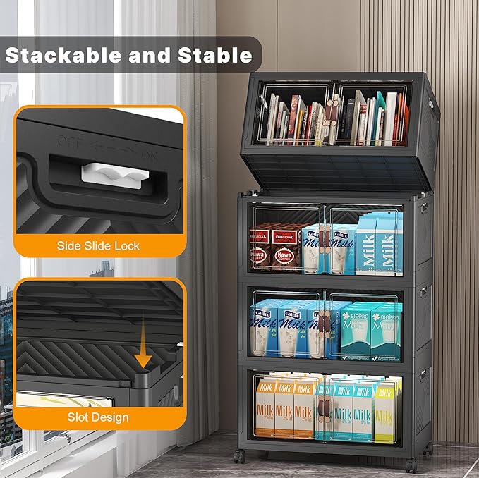 UAMFURI Stackable Storage Bins with Lids & Wheels & Door, Foldable Collapsible Closet Organizers, Extra Large Plastic Storage Drawers for Bedroom Dorm Office Garage (Dark-55qt, 4Pack with 1 top lid)