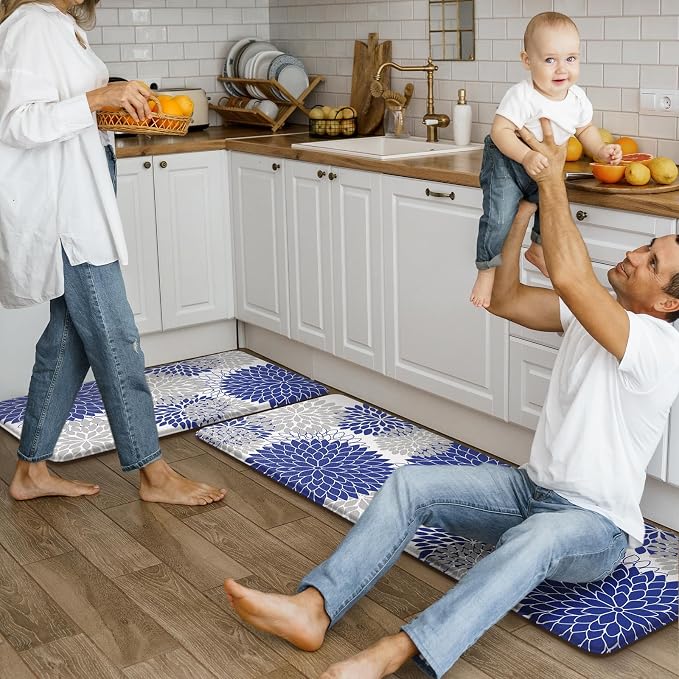 Anti Fatigue Kitchen Mats 2PCS,Boho Dahlia Kitchen Rugs Non Slip Rubber Backing, Farmhouse Waterproof Kitchen Mat for Floor,Cushioned Standing Mat for Kitchen,Laundry,Sink,Desk,Blue