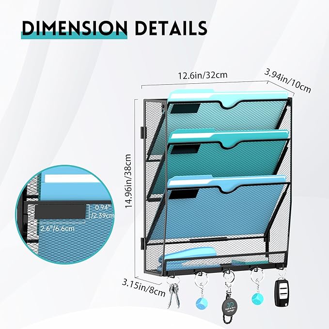 2 Pack 4 Tier Wall File Organizer - Hanging File Organizer with 5 Hooks, Mail Holder Wall Mounted for Papers, Folders, Magazines, Bills, Office&School Organization, Black
