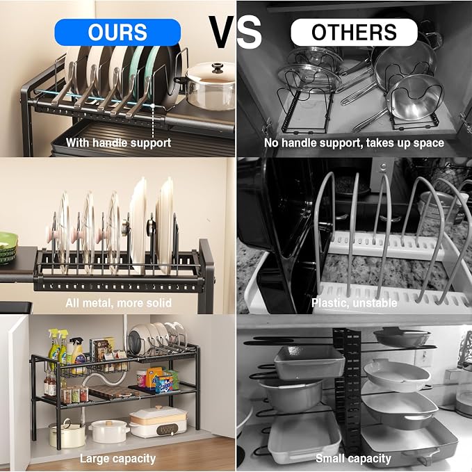 Mustorn Pots and Pans Organizer Under Cabinet, Expandable 2 Tier Under Sink Organizers Storage Adjustable Height Kitchen Pot and Pan Lid Holder Rack with 6 Dividers(4panels,2baskets,1 Pot rack,Black)