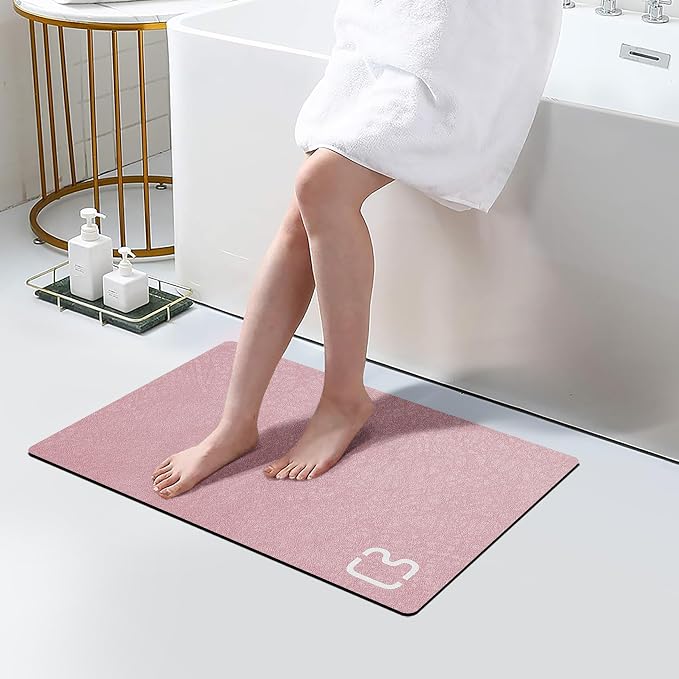 Diatomaceous Earth Bath Mat Rugs Quick Dry Super Absorbent Non Slip Rubber Bottom Thin Bathroom Mat Fit Under Door, Floor Rugs in Front of Bathtub,Shower Room,Sink,Washable, 15.7"x23.6", Blush Pink