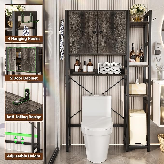 Over The Toilet Storage Cabinet with Doors - 7 Tier Bathroom Organizer with Adjustable Shelf, Freestanding Space Saver Rack Above Toilet Stand with 4 Hooks for Bathroom, Restroom, Laundry, Grey Oak