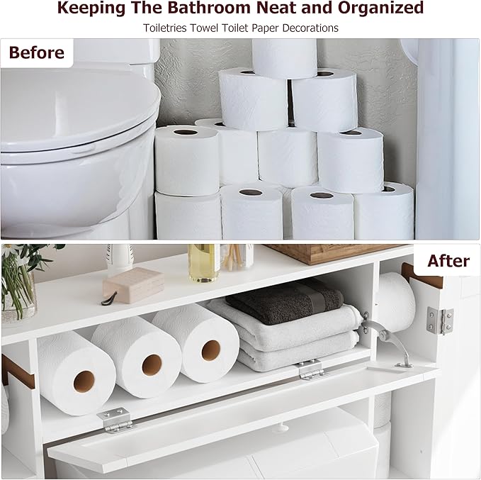 Over The Toilet Storage Cabinet, Bathroom Space Saver with Paper Holder and Adjustable Shelves, Freestanding Toilet Cabinet Organizer with 2 Side Doors and Pull-Down Door, White