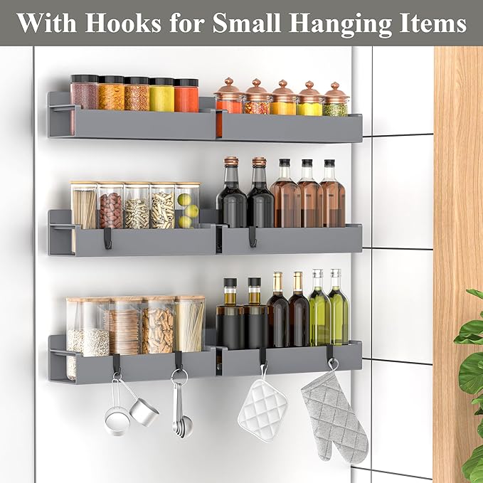 HuggieGems 6 Pack Magnetic Spice Rack Organizer for Refrigerator and Oven, Dark Grey Fridge Organizers and Storage for Kitchen