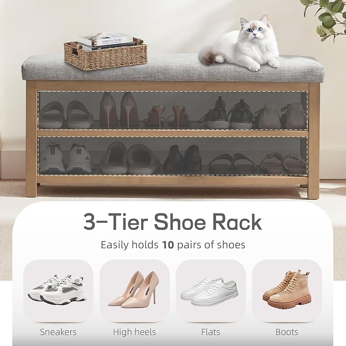 Zihanhome Shoe Rack Bench with Cushion, 2 Tier Solid Wood Storage Bench, Mid-Century Modern Shoe Bench for Entryway, Hallway, Closet, Front Door Entrance, Foyer (Grey, 46.5")