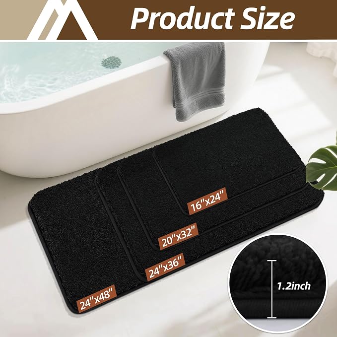 COSY HOMEER Bathroom Rugs Mat 24”x48” Absorbent Non-Slip Bath Mat Plush Shaggy Machine Washable Bath Rugs Soft Polyester Bath Mats for Bathroom Floor,Tub and Shower,Black