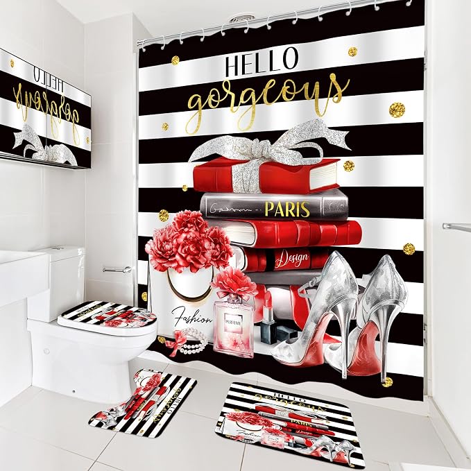 4Pcs Black Red Burgundy Shower Curtain Set, Fashion Flower Perfume Women Girly Modern Bathroom Curtain with Rug, Toilet Lid Cover, Bath Mat, High Heels Magazine Shower Curtain with 12 Hooks