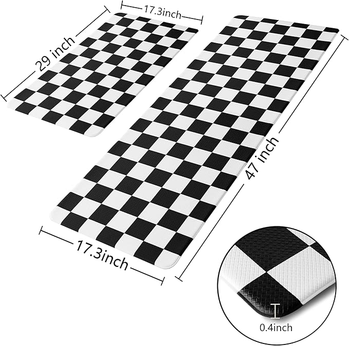 Black Checkered Grid Checkerboard Kitchen Rug Sets [2 PCs], Anti-Fatigue, Waterproof Non-Slip Kitchen Mats Heavy Duty Ergonomic Comfort Foam Rug for Floor, Home, Laundry,17"x29"+17"x47"