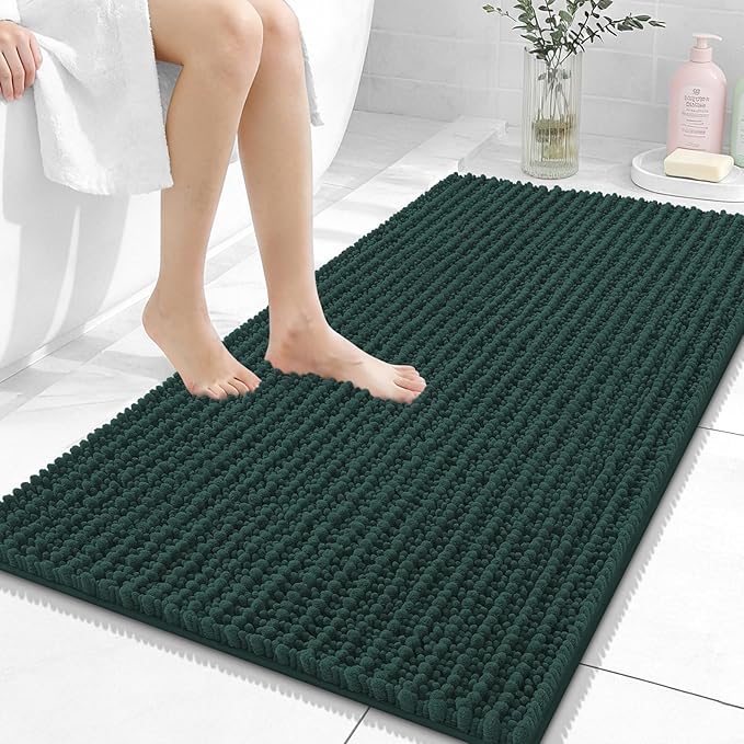OLANLY Bathroom Rug Mat 44x24, Thick Soft and Absorbent Chenille Bath Mat, Non-Slip Rubber Backing, Machine Washable Quick Dry Bath Rugs for Tub Shower Floor, Home Decor Accessories, Blackish Green