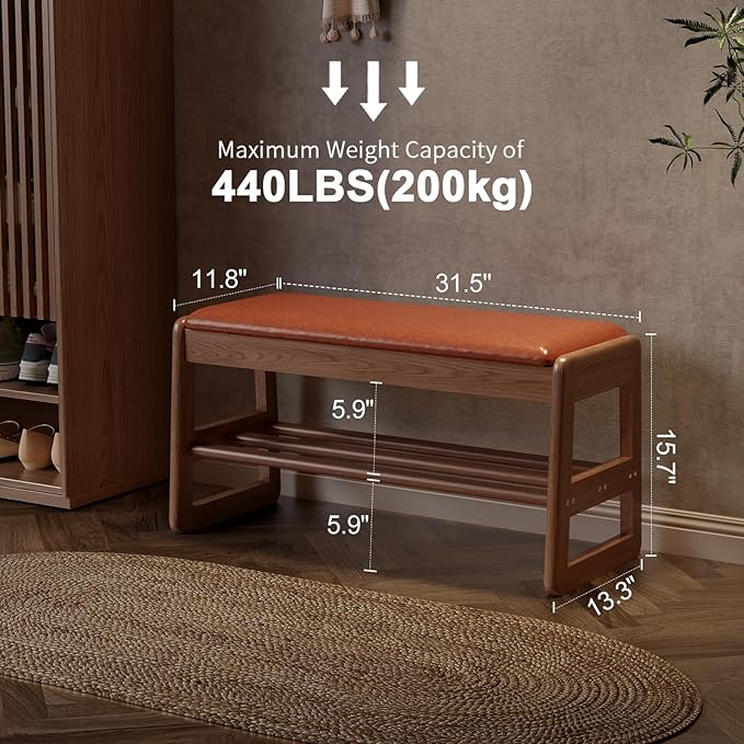 AQIMUELE Shoe Rack Bench,2 Tiers Shoe Bench with Storage with Flip-Top,Wood Shoe Rack for Entryway,Hallway（Orange Upholstered Seat,11.8" D x 31.5" W x 15.7" H）