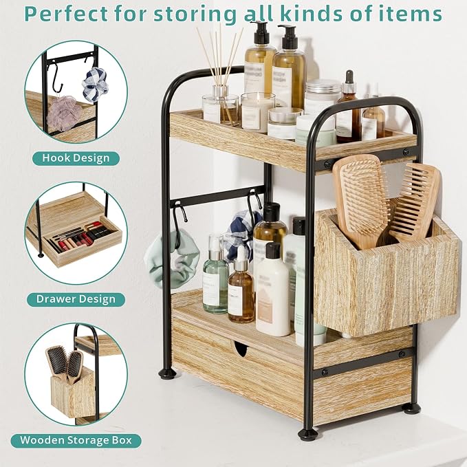 Kottwca 2-Tier Bathroom Counter Organizer with Drawer, Wooden Vanity Skincare Storage Shelf with Thickened Metal Frame, Countertop Shelf with Basket & Hooks for Makeup Organization,Light Brown