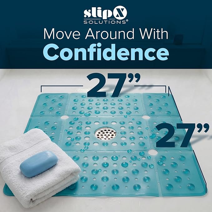 SlipX Solutions 27" Oversize Square Shower Mat, Non-Slip Mat for Elderly & Kids, 100+ Power Grip Suction Cups for Smooth Surfaces, Machine Washable, Transparent Aqua
