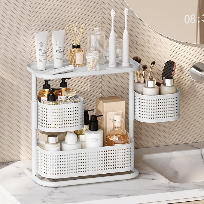 3-Tier Rotating Bathroom Counter Organizer, Vanity Tray for Makeup & Skincare, Countertop Spice Rack Storage, Space-Saving Shelf for Bathroom, Kitchen, Laundry Room, Baby Bottle Station, White