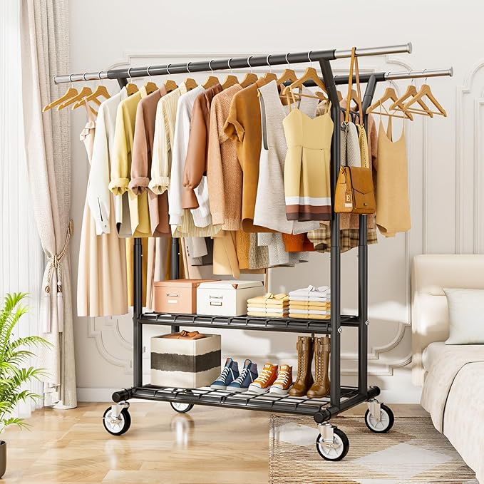 HYSEYY Heavy Duty Clothes Rack, Rolling Clothing Rack With Shelves Load 620 LBS, Double Rod Clothing Racks for Hanging Clothes, Portable& Adjustable Clothes Rack with Wheels,Black