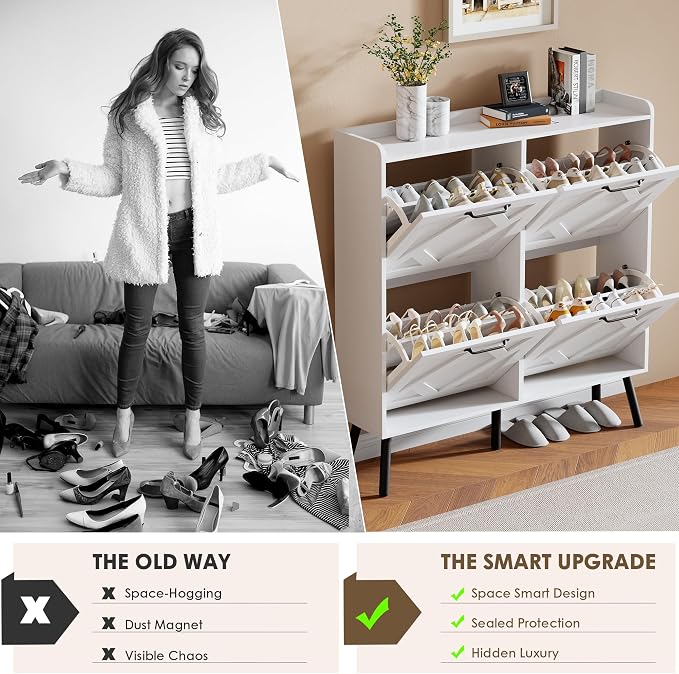 Nicetree Shoe Cabinet with 4 Flip Drawers, Freestanding Shoe Organizer Cabinet with Metal Legs, Farmhouse Slim Shoe Rack Cabinet for Entryway, Foyer, Hallway, White