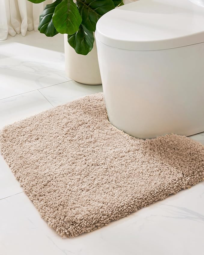 ILANGO Beige Toilet Rugs U Shaped 22" × 24" Non Slip & Super Absorbent Extra Thick Soft, Washable Bath Mats for Bathroom Floor, Plush Shaggy Contour Bath Rugs for Toilet,Dry Quick
