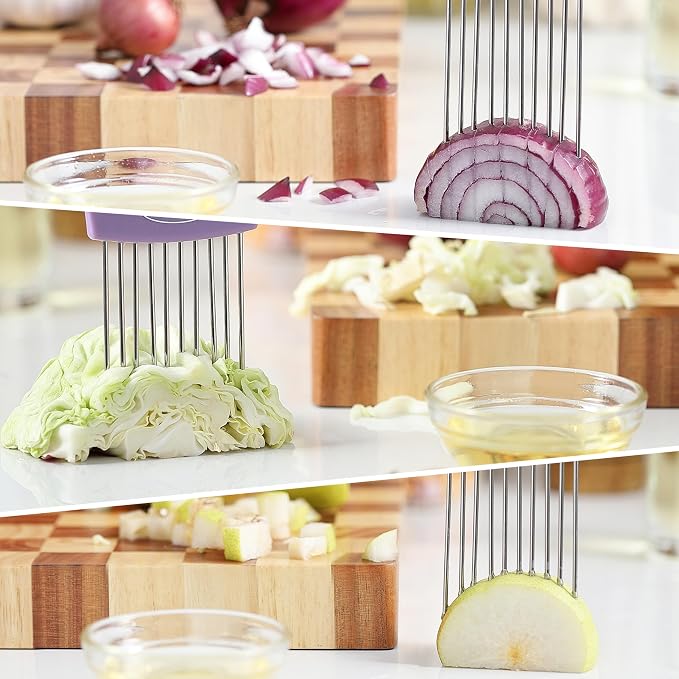 2PCS Onion Slicer Holder, JJOO Stainless Steel Onion Cutter for Slicing and Storage Onions, Tomato, Eggs and Vegetables, Protective Cover Included, Dishwasher Safe (Stylish orange+ Purple Color)