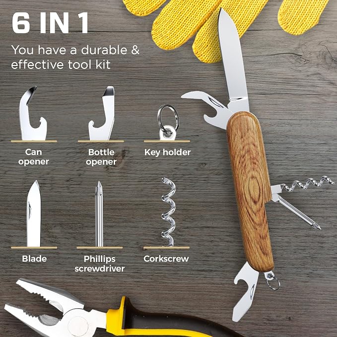 Small Pocket Knife 6 in 1 - Keychain Multitool - Compact Kids Pocket Knife with Bottle Opener, Can Opener, Corkscrew, Phillips Screwdriver - EDC Gift for Men, Women, Camping, Hiking, Travel - 5005