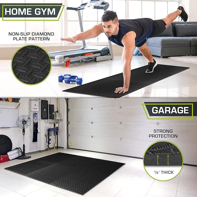 ProsourceFit Exercise Puzzle Mat ½-inch, EVA Interlocking Foam Floor Tiles for Home Gym, Workout Equipment, Kids Play Areas, Black, 24 SQ FT - 6 Tiles